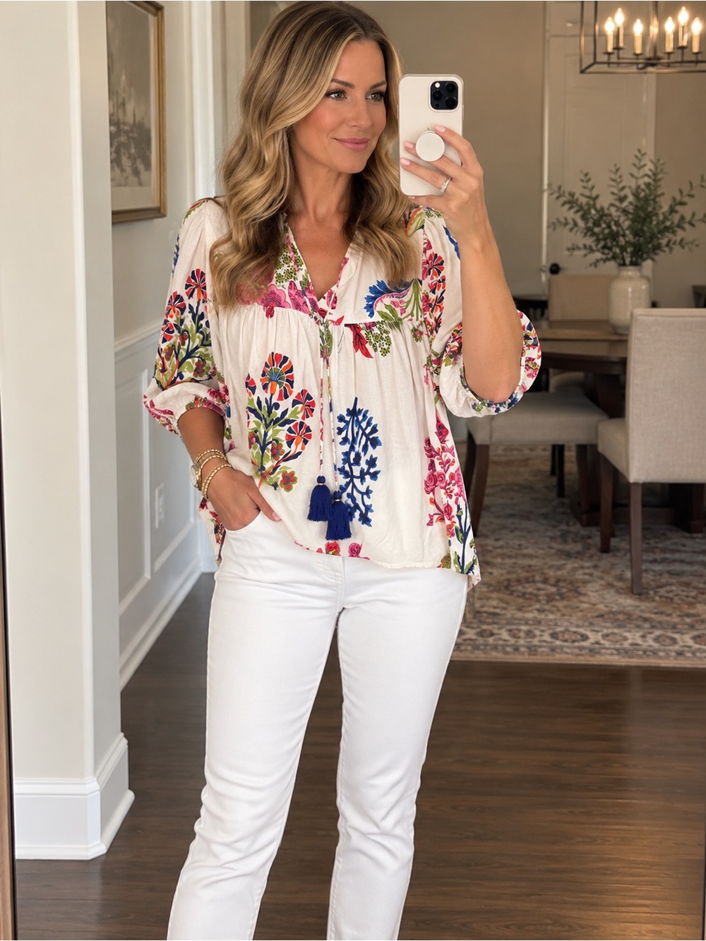 THML Ivory Boho Floral Embroidered Peasant Blouse